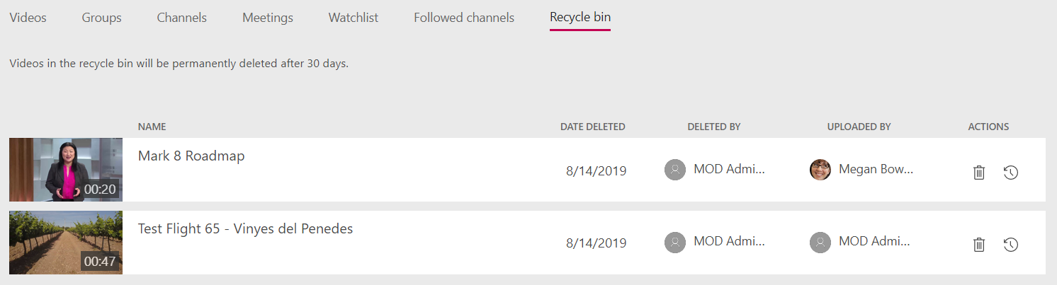 My content - recycle bin list.