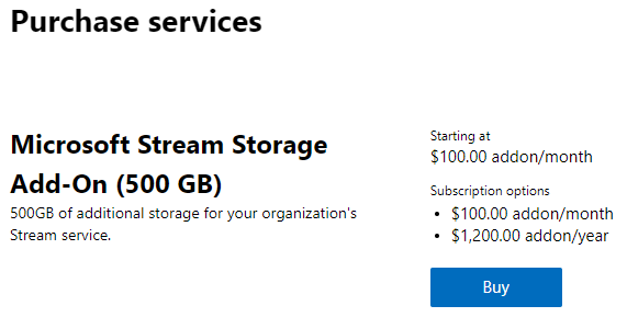 Microsoft Stream (Classic) Storage Add-on details page.