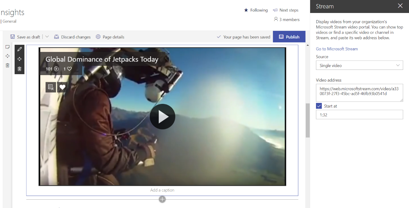 Stream (Classic) webpart for SharePoint for a single video.