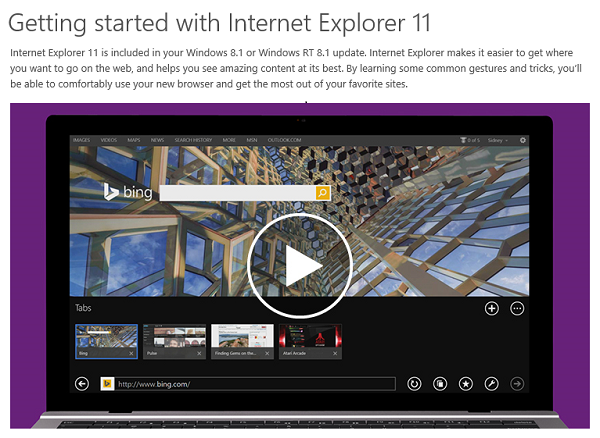 Screenshot of a paused video under a description of an article with a header reading Getting started with Internet Explorer 11.