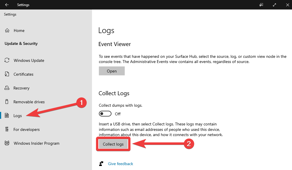 Collect Surface Hub log files - Surface Hub | Microsoft Learn