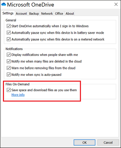 OneDrive settings.