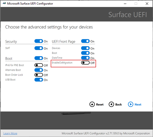 Screenshot shows where to select Enable O S Migration.