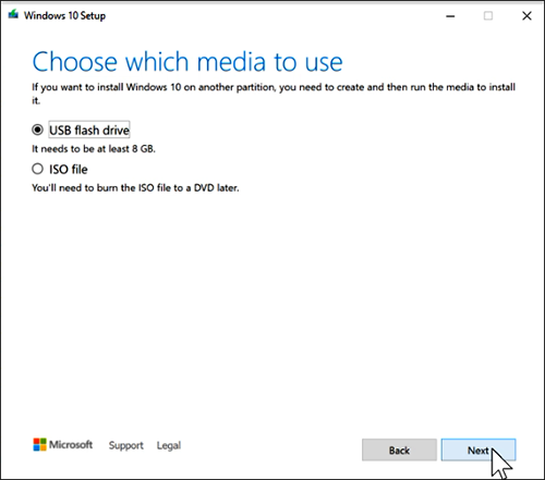 Screenshot shows where to select U S B flash drive.