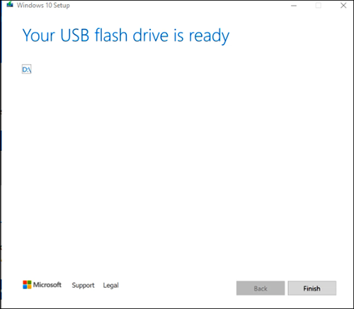 Screen reports that the U S B drive is ready and includes a Finish button.