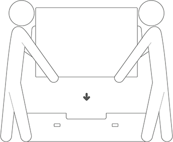 Remove any base or mounting hardware. Using two people, place the unit in the base of the shipping container.