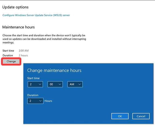 Image showing where to configure the Surface Hub Maintenance hours.
