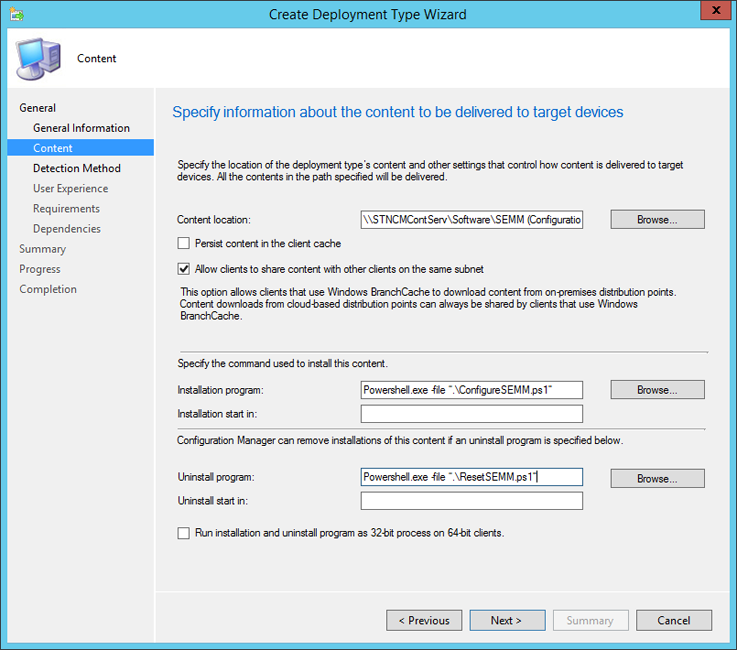 Set the SEMM Configuration Manager scripts as the install and uninstall commands.