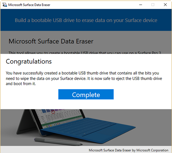 Complete the Microsoft Surface Data Eraser tool