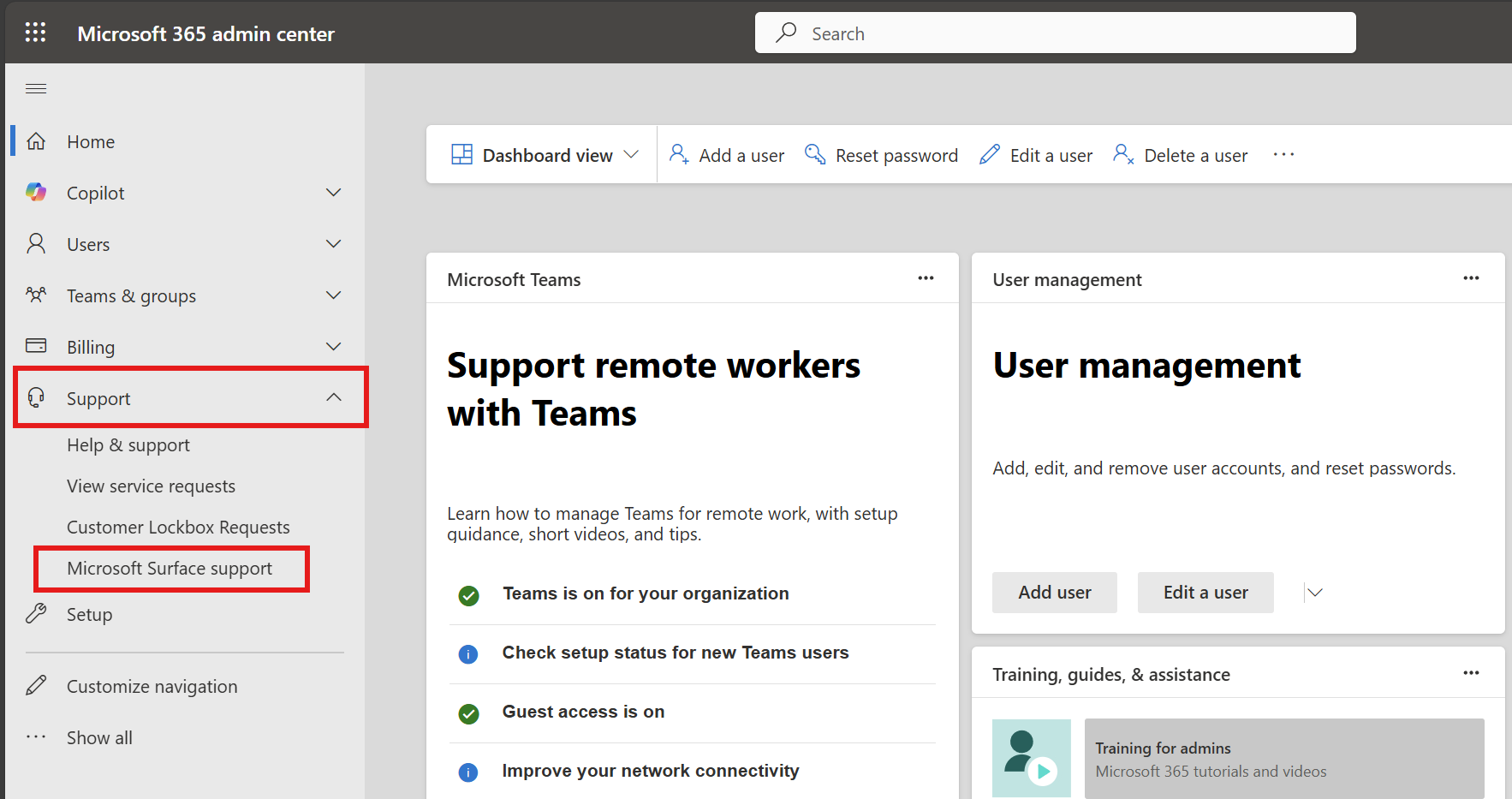 Screenshot of Microsoft 365 admin center with red boxes highlighting the Support and Microsoft Surface support selections.