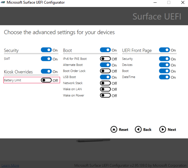 Screenshot of advanced settings showing option to enable Battery Limit.