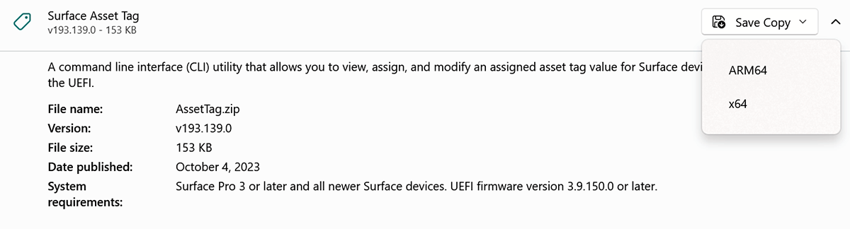 Screenshot of Surface Asset Tag download.