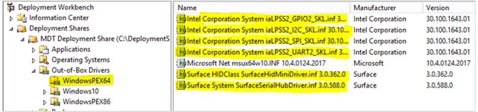 Image that shows the newly imported drivers in the WindowsPEX64 folder of the Deployment Workbench.