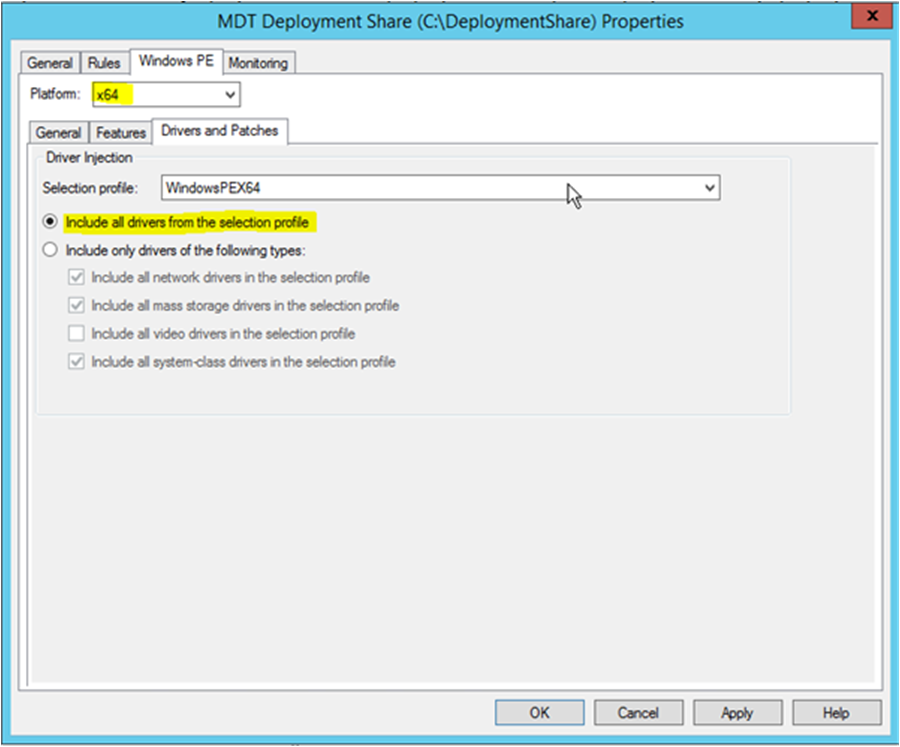 Image that shows the Windows PE properties of the MDT Deployment Share.