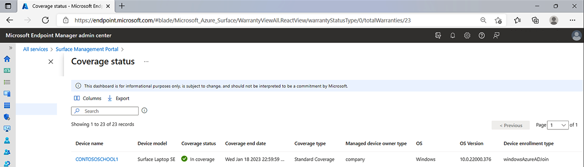 Surface Management Portal showing warranty coverage for Surface Laptop SE