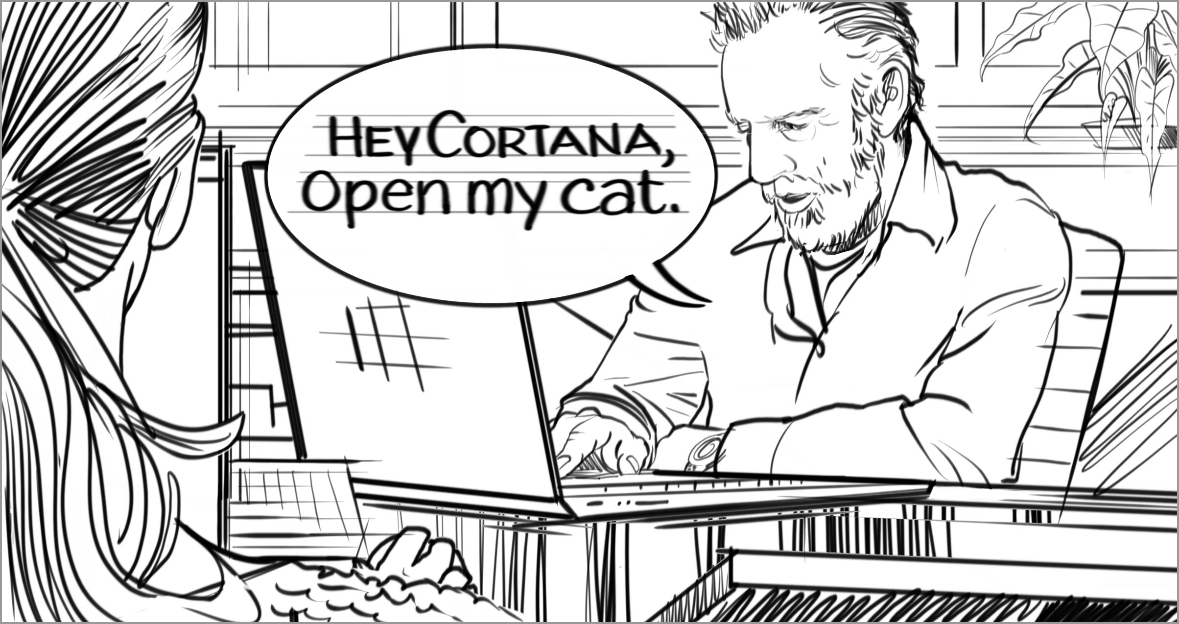 A man sits at a desk in an office. He’s looking at a laptop screen and saying &quot;Hey Cortana, open my cat.&quot;