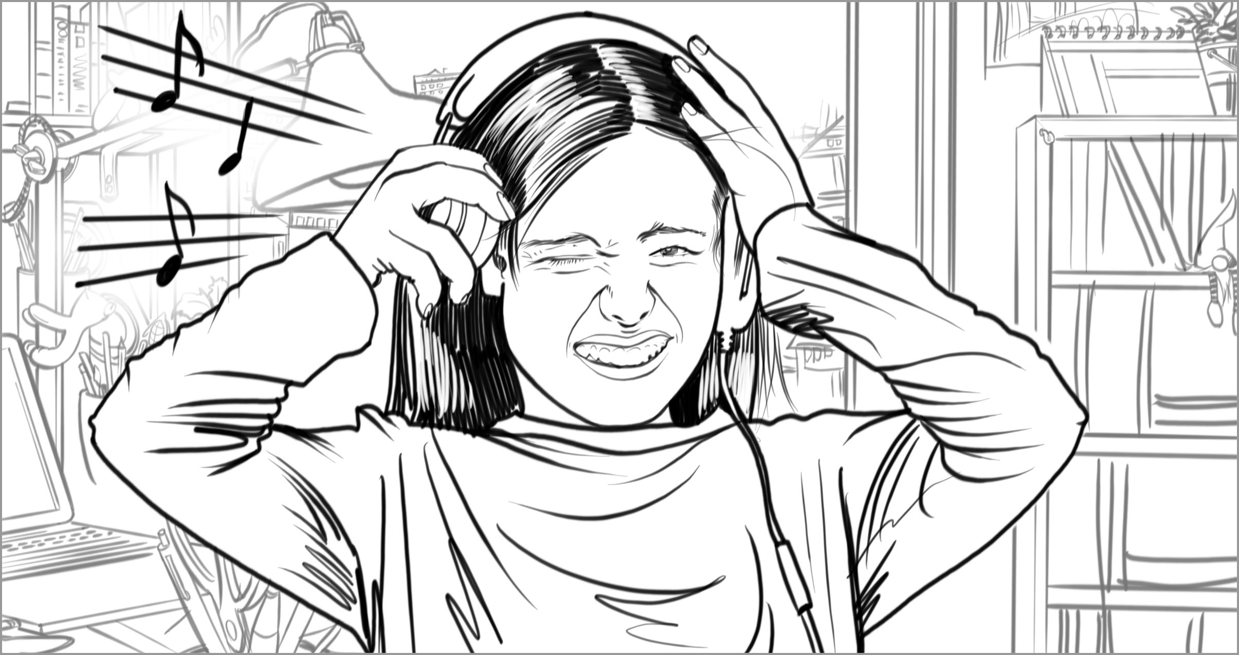 A girl is wearing over-the-ear headphones that are playing music. She looks frustrated that one side is too loud.