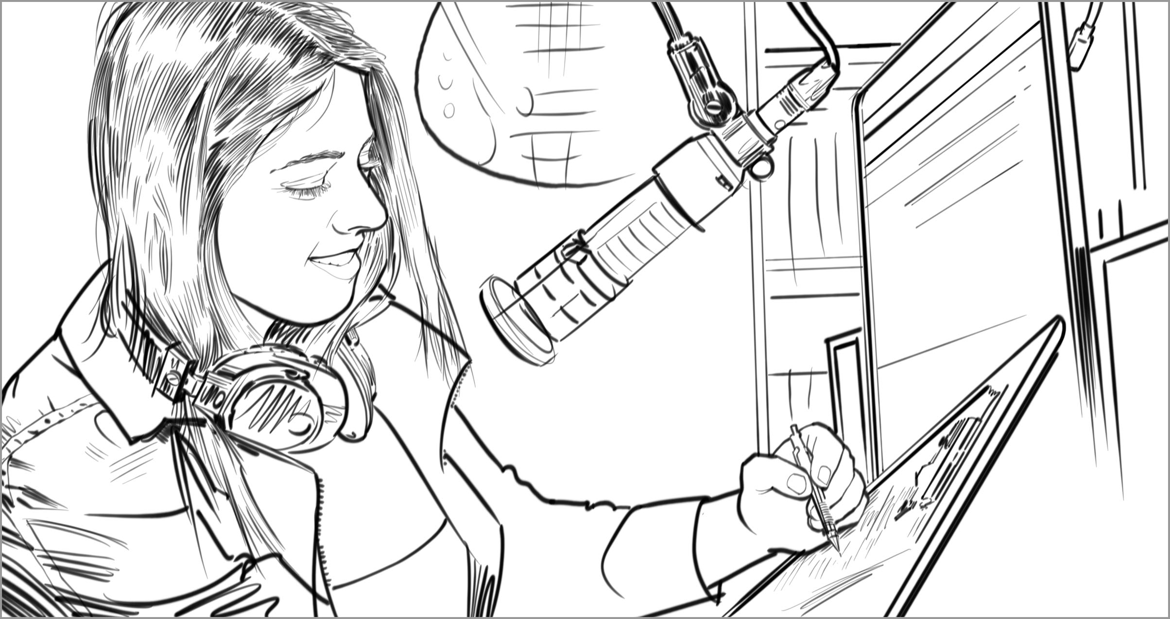 The woman smiles as she uses a mic for speech recognition. She has headphones draped around her neck and she’s not at a desk—she’s near some shelves, perhaps near information she needs to grab as she works.