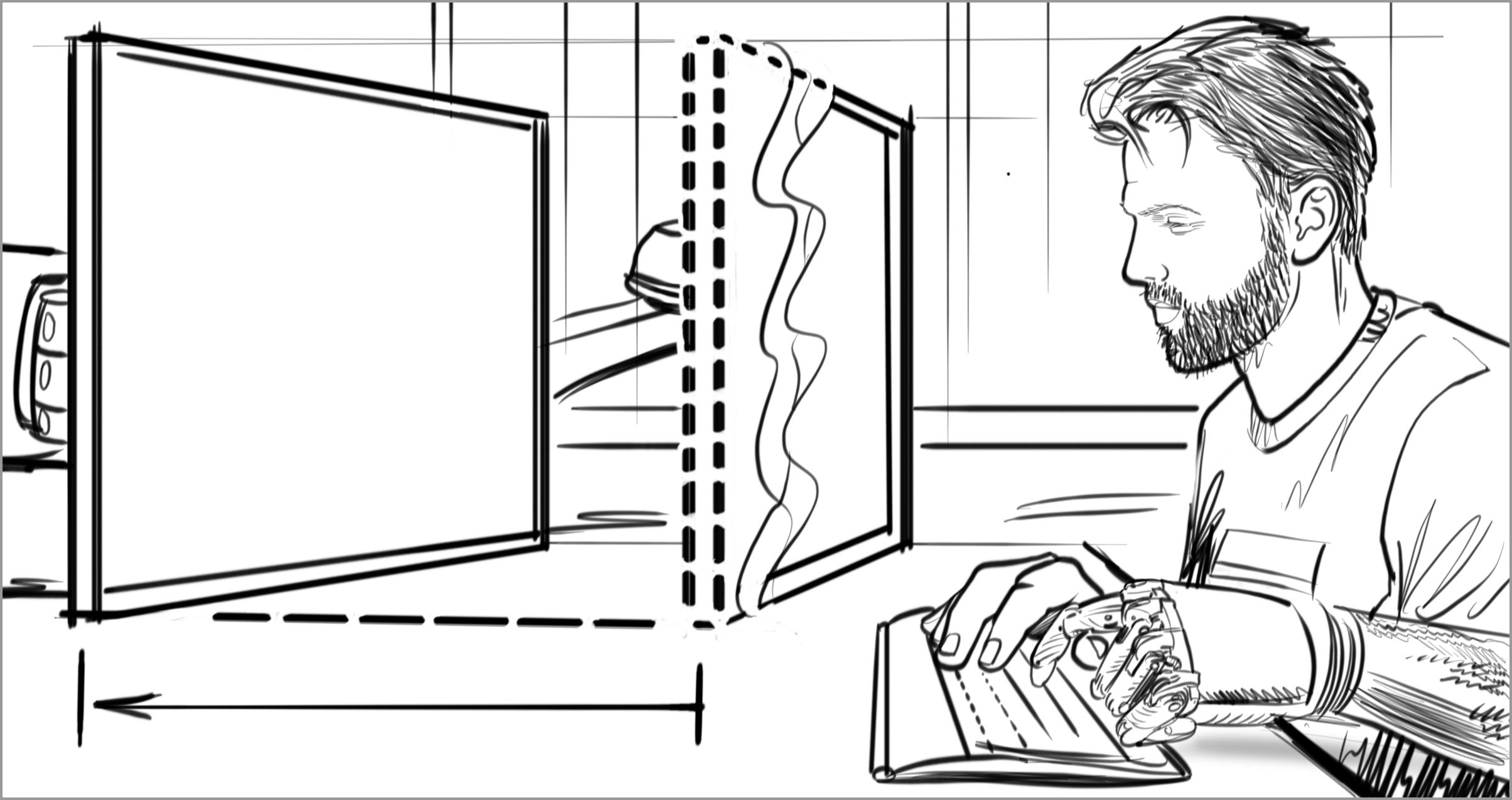 The man sits in front of a monitor on a swing arm. An arrow shows how he moved it into his full field of vision.