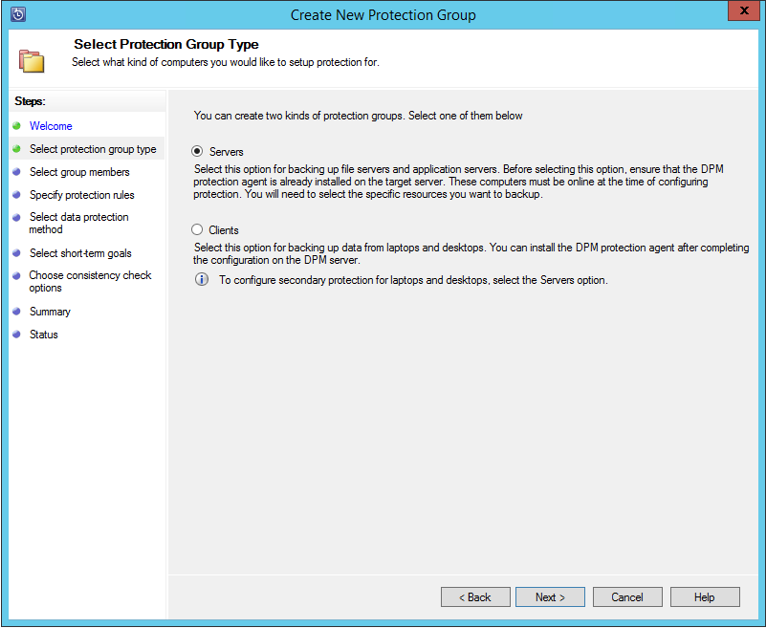 Screenshot of create new protection group.
