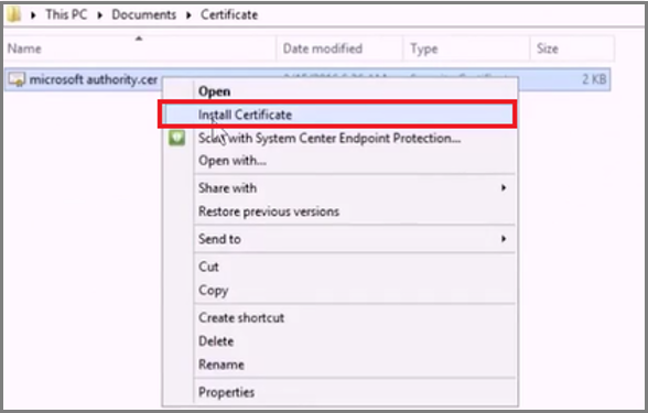 Screenshot of click install Certificate.