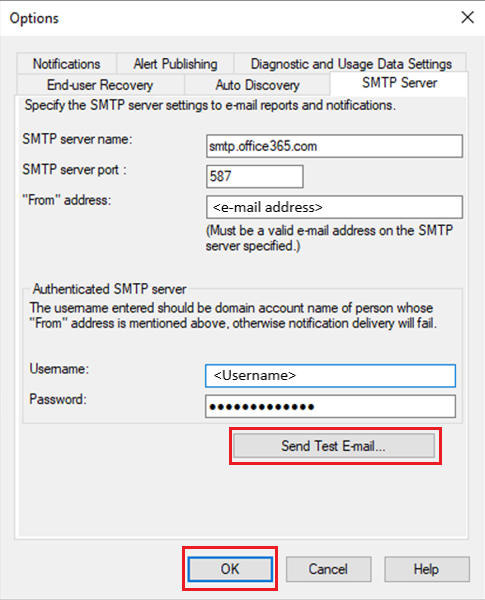 Screenshot of SMTP server tab.