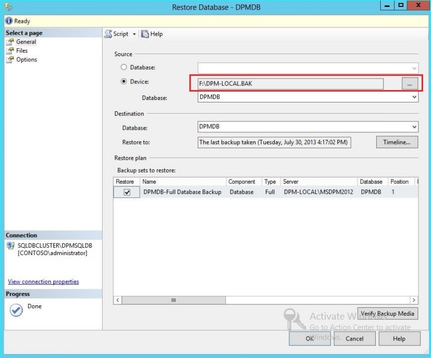 Screenshot showing the Restore database.