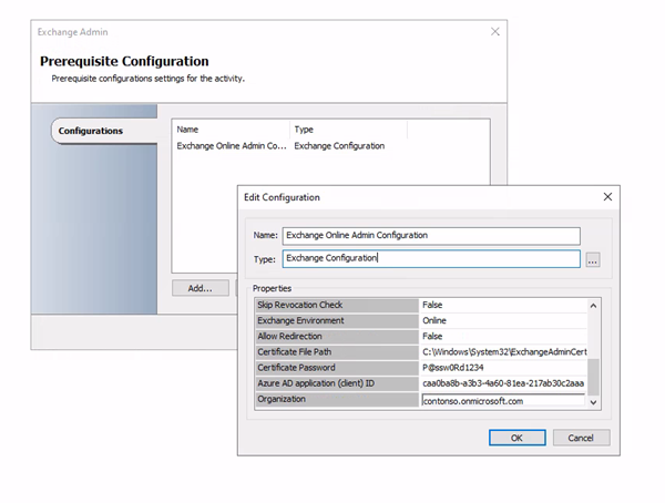 Screenshot showing exchange admin prerequisite configuration screen.