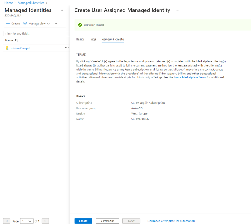 Screenshot that shows the tab for reviewing a managed identity before creation.