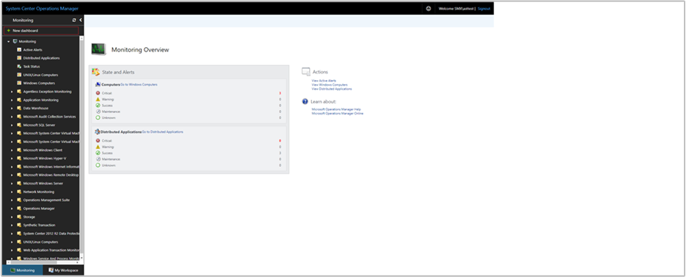 Screenshot showing select New Dashboard in Web console.