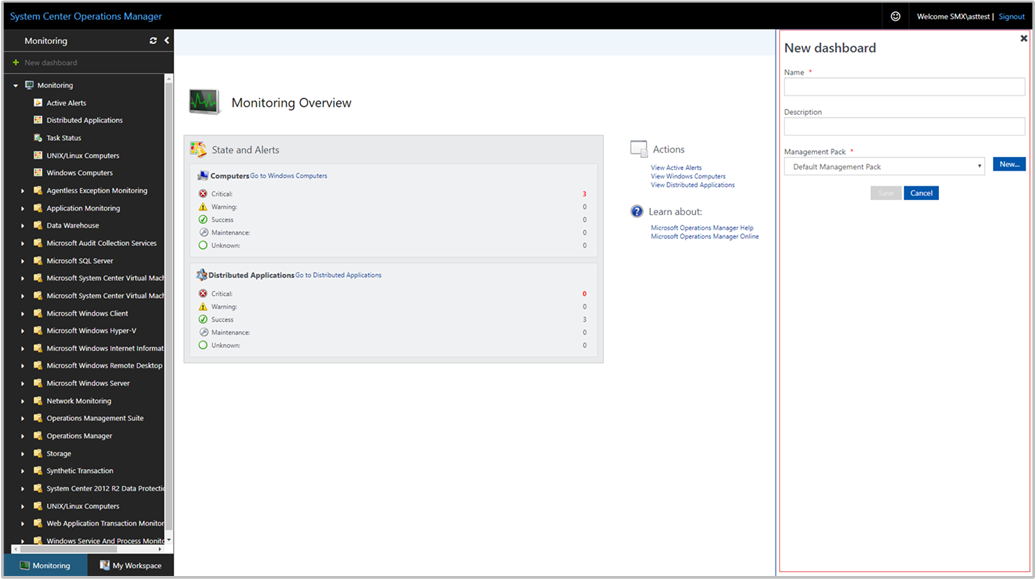 Screenshot showing Specify name and description for new dashboard.