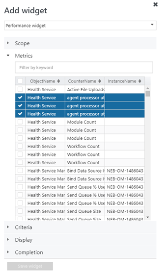 Screenshot showing Select performance counter and instance.