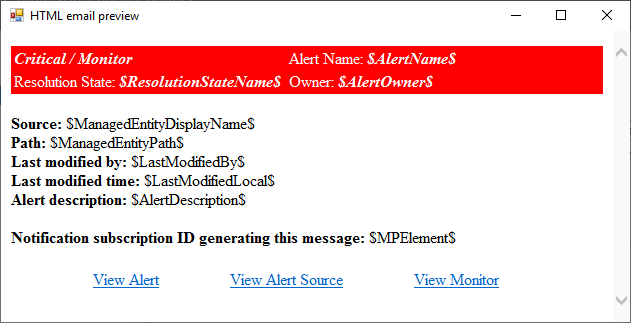 Screenshot showing HTML critical alert sample.