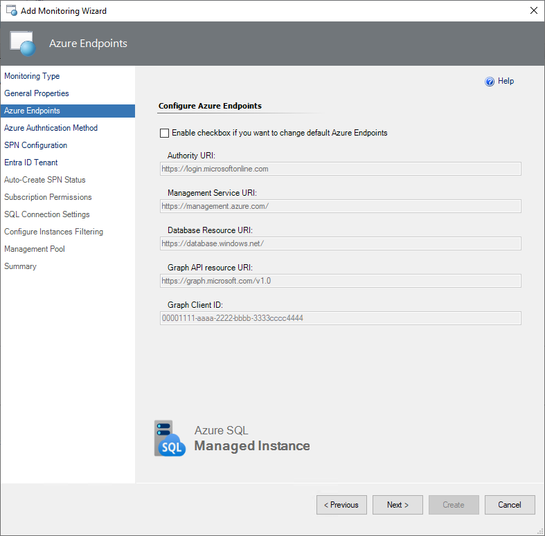 Screenshot showing the Configure Azure endpoints.