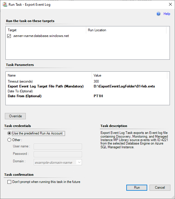 Screenshot of export event log task.