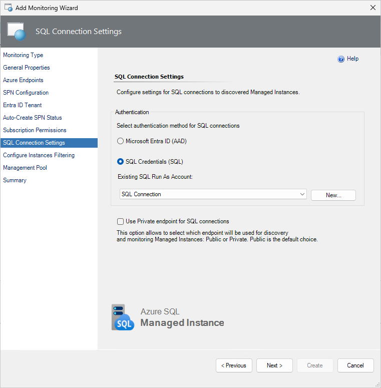 Screenshot showing the Configure SQL connection settings.