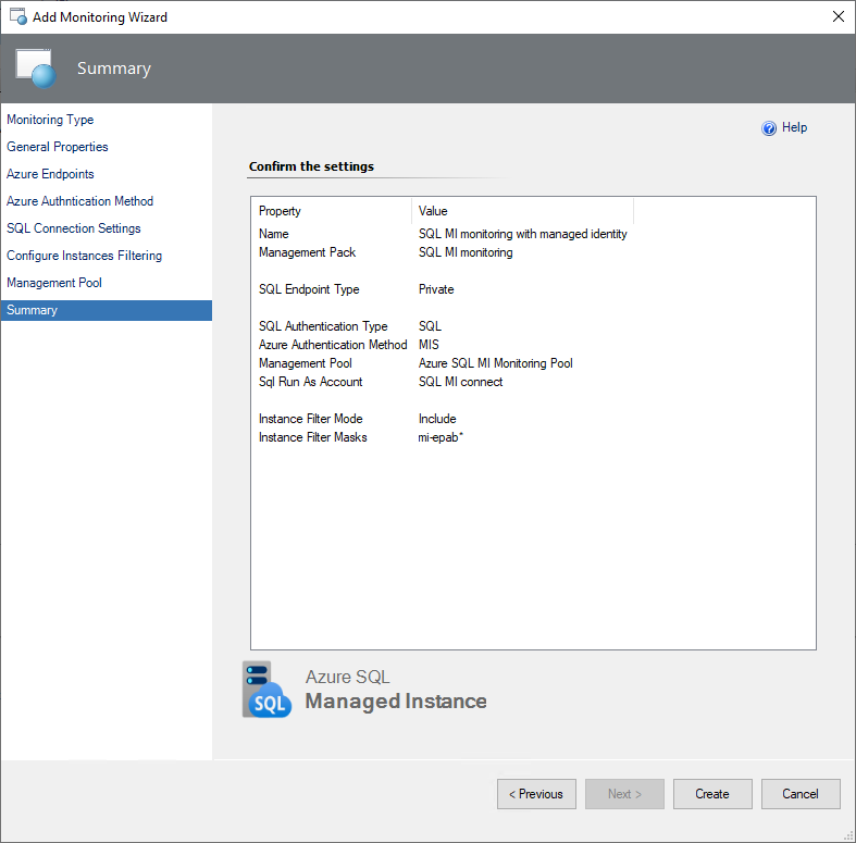 Screenshot showing the Review connection settings for SMI.