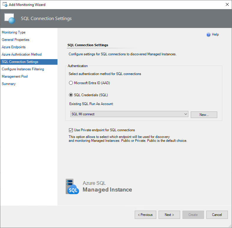 Screenshot showing the Configure SQL connection settings for SMI.