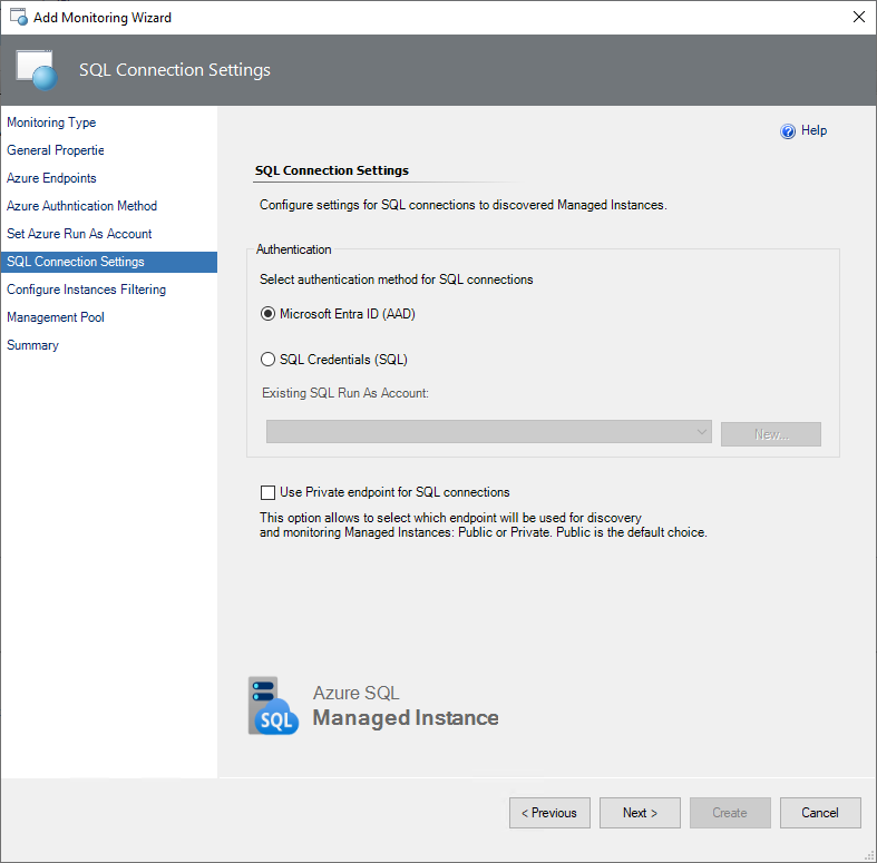 Screenshot showing the Azure SQL MI connection settings for UMI.