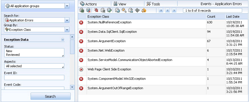 Screenshot showing Filter by application errors and exception class.