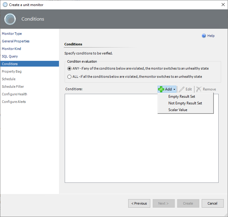 Screenshot that shows adding new conditions for database context.
