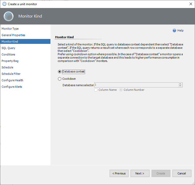 Screenshot of selecting a database context monitor type.