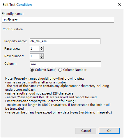Screenshot of property bag condition for database context.
