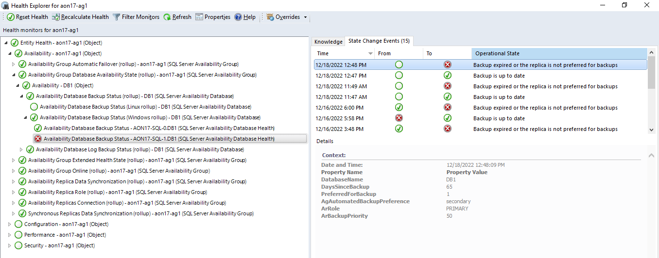 Screenshot of availability database backup status rollup when track backup preference is disable for primary replica.