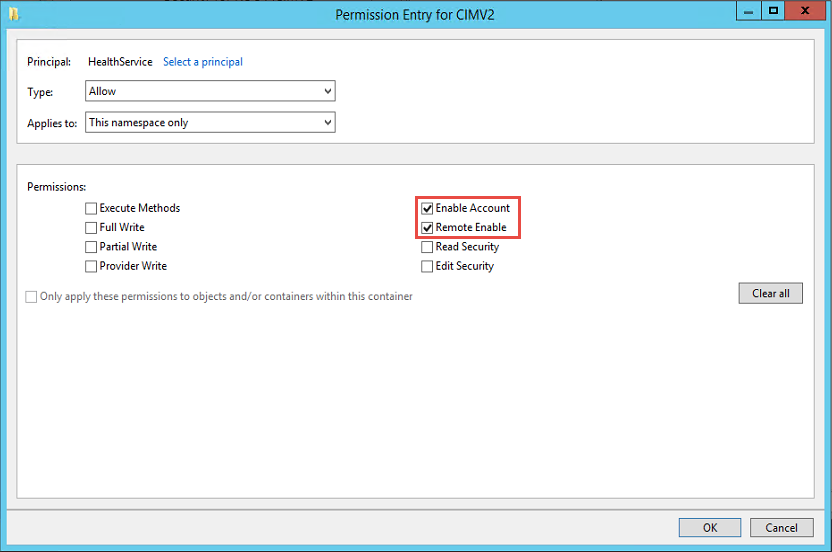Screenshot showing Configuring CIMV permissions.