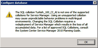 Screenshot showing the Turkish Collation Warning.