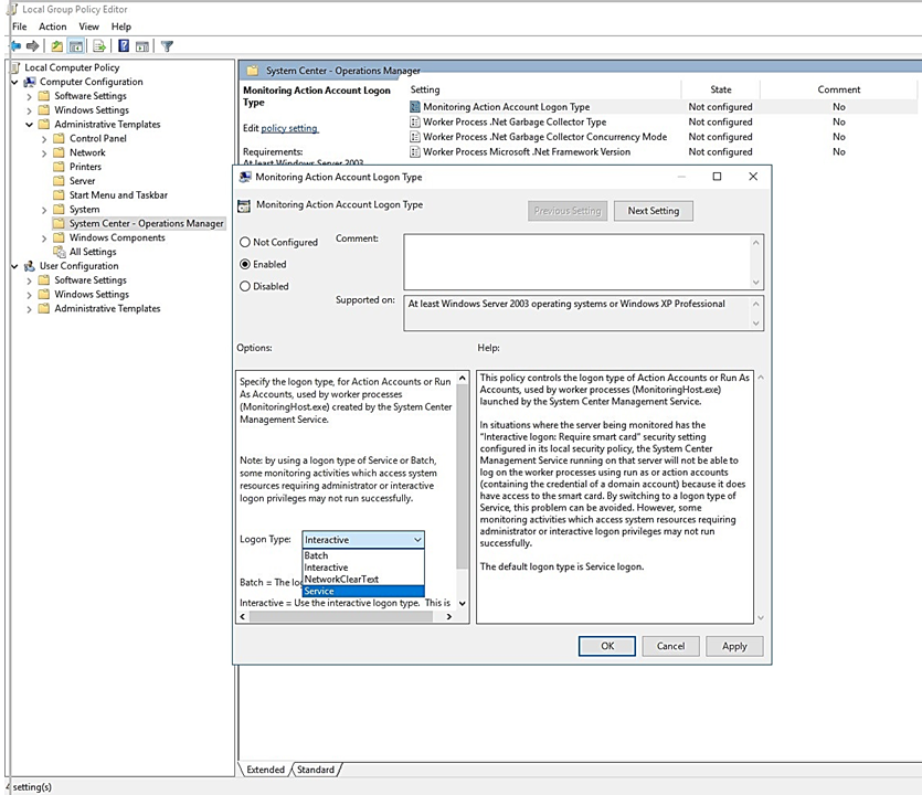 Screenshot showing change service logon permission.