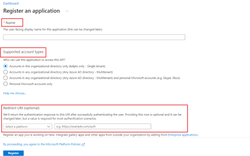 screenshot of register an application page.