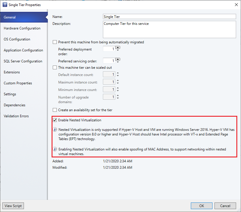 enable nested virtualization through Create VM Service template wizard