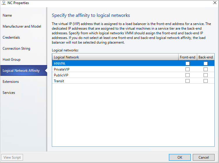 Screenshot of specify affinity to logical networks.